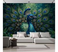 Papel Pintado De Pavo Real Mostrando Sus Plumas De La Cola 400x280cm, Fotomurales Papel Pintado Estilo Naturalista, Panoramico Decorativos Dormitorio Salón Sala Verde Murales Papels Tapiz