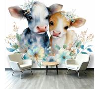 Papel pintado de plantas de acuarela, mural fotográfico de vaca linda, no tejido, decoración impresa para el hogar, sala de estar, dormitorio, cocina, revestimiento de pared, 300 x 210 cm (ancho x