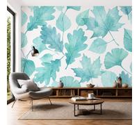 Papel Pintado de Plantas En Acuarela 250x175cm Papel de Pared de Fondo Grande Hojas De Ginkgo De Arce Murales Papel Tapiz Decoración De Pared para Salón Dormitorio Pasillo Comedor, Azul Menta