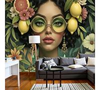 Papel Pintado de Retro Exótico, 450x315cm Papel de Pared de Fondo Grande Mujer Flor De Limón Murales Papel Tapiz Moderno Decoración De Pared para Salón Dormitorio Pasillo Comedor, Verde Lima
