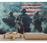 Papel pintado de rifle de soldado, mural de pared de bandera estadounidense, papel pintado para dormitorio de niños, decoración de pared temática militar, 390 x 260 cm (no se despega)