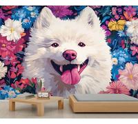 Papel pintado de samoyedo para sala de estar, papel pintado de flores coloridas para niñas, dormitorio, perro, oficina, sala de estar, 350 x 256 cm