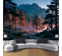 Papel pintado de Seda Amanecer En El Bosque De Pinos, 350x250cm Papel Tapiz Fotográfico Paisaje De Montaña Y Bosque Fondo De Pantalla Decoración De Pared para Salón Dormitorio Comedor, Verde Oscuro