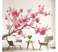 Papel Pintado de Seda Arte Tradicional Oriental, 350x250cm Fotomurales Ramas Y Hojas De Flor De Ciruelo Papel Tapiz Fondo De Pantalla XXL Decoración de Pared para Domitorio, Salón y Oficina, Rosa