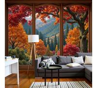 Papel pintado de Seda Bosques, Montañas, Campos, 300x210cm Papel Tapiz Fotográfico Vista Desde La Ventana De Madera Fondo De Pantalla XXL Decoración De Pared para Salón Dormitorio Comedor, Naranja