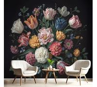 Papel Pintado de Seda Estilo Barroco Papel Tapiz Fotográfico Tulipanes Y Cosmos Fotomurales XXL Moderna Decorativos Murales para Diferentes Espacios, 400x280cm, Negro