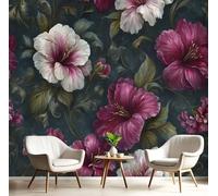 Papel Pintado de Seda Estilo Retro Y Nostálgico Papel Tapiz Fotográfico Hermosas Flores Y Hojas Fotomurales XXL Moderna Decorativos Murales para Diferentes Espacios, 300x210cm, Granate