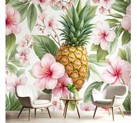 Papel Pintado de Seda Flores Tropicales Papel Tapiz Fotográfico Piña De Acuarela Fotomurales XXL Moderna Decorativos Murales para Diferentes Espacios, 300x210cm, Verde Claro