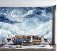 Papel pintado de Seda Nebulosa De La Media Luna, 350x250cm Papel Tapiz Fotográfico Cielo Estrellado En Acuarela Fondo De Pantalla Decoración De Pared para Salón Dormitorio Comedor, Azul Claro