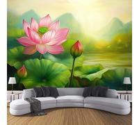 Papel Pintado de Seda Paisaje De Pintura Al Óleo 350×256cm Hojas De Loto Rosa Papel pintado de seda Murales Sala Cuarto Oficina Pared Decoración Verde Rosa Fondo De Pantalla Murales
