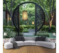 Papel Pintado de Seda Pared Panorámico Arquitectura Tradicional China,350×256cm Verde Póster Gigante de Pared Personalizado 3D Vallas Plantas Verdes Árboles Moderna Decoración Para Salón o Dormitorio