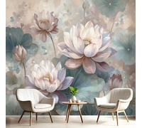 Papel Pintado de Seda Pintura Flores Tinta Aguada Papel Tapiz Fotográfico Lotus Ruinoso Pero Elegante Fotomurales XXL Moderna Decorativos Murales para Diferentes Espacios, 350x250cm, Azul Grisáceo