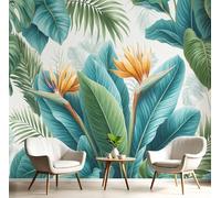 Papel Pintado de Seda Plantas Tropicales Papel Tapiz Fotográfico Ave Del Paraíso Pintada A Mano Fotomurales XXL Moderna Decorativos Murales para Diferentes Espacios, 400x280cm, Verde