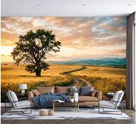 Papel pintado de Seda Puesta De Sol Sobre Los Campos Y Los Robles, 250x175cm Papel Tapiz Fotográfico Campo Italiano Fondo De Pantalla Decoración De Pared para Salón Dormitorio Comedor, Dorado