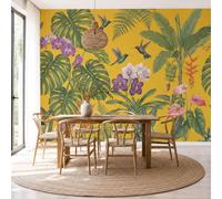 Papel Pintado de Selva Tropical Retro 450x315cm Papel de Pared de Fondo Grande Orquídea Monstera Colibrí Murales Papel Tapiz Decoración De Pared para Salón Dormitorio Pasillo Comedor, Amarillo Cálido