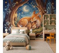 Papel Pintado De Tejido No Tejido Bosque Nocturno De Acuarela, 450X315Cm | Fotomurales Linda Cervatilla Madre Bebé Decorativos, Papel Tapiz Fotográfico Azul Oscuro Para Dormitorio, Fácil De Instalar