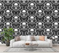 Papel Pintado De Tejido No Tejido Calavera Gótica De Damasco, 300X210Cm | Fotomurales Flores Barrocas Retro Decorativos, Papel Tapiz Fotográfico Blanco Y Negro Para Dormitorio, Fácil De Instalar