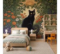 Papel Pintado De Tejido No Tejido Nuevo Jardín De Animales De Arte, 300X210Cm | Fotomurales Gato Negro Retro Flores Decorativos, Papel Tapiz Fotográfico Verde Oscuro Para Dormitorio, Fácil De Instalar