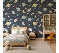 Papel Pintado De Tejido No Tejido Planeta Galaxia De Dibujos Animados, 200X140Cm | Fotomurales Cohetes Astronautas Decorativos, Papel Tapiz Fotográfico Azul Oscuro Para Dormitorio, Fácil De Instalar
