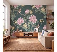 Papel Pintado De Tejido No Tejido Plantas Orientales Pintadas Mano,300X210Cm | Fotomurales Peonías Ramas De Árboles Decorativos,Papel Tapiz Fotográfico Verde Oscuro Para Dormitorio,Fácil De Instalar