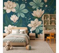 Papel Pintado De Tejido No Tejido Plantas Tropicales Con Flores, 400X280Cm | Fotomurales Flores Y Hojas De Magnolia Decorativos, Papel Tapiz Fotográfico Cian Oscuro Para Dormitorio, Fácil De Instalar
