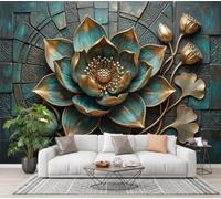 Papel Pintado De Tejido No Tejido Relieve Planta Metal 3D, 200X140Cm | Fotomurales Geometría Del Loto Industrial Decorativos, Papel Tapiz Fotográfico Cian Oscuro Para Dormitorio, Fácil De Instalar