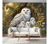 Papel Pintado de Tela Seda, Búhos Familia Huecos De Árboles Setas Flores Silvestres Papel Pintado Decorativos del Hogar, Revestimiento Decorativo de Seda para Sala de Estar Y Dormitorio 400 x 280cm