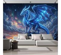 Papel Pintado de Tela Seda, Dragón Azul Montañas Mar De Nubes Cielo Estrellado Papel Pintado Decorativos del Hogar, Revestimiento Decorativo de Tela Seda para Sala de Estar Y Dormitorio 250 x 175cm
