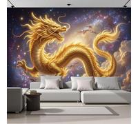 Papel Pintado de Tela Seda, Dragón Dorado Del Este Cielo Estrellado Mar De Nubes Papel Pintado Decorativos del Hogar, Revestimiento Decorativo de Tela Seda para Sala de Estar Y Dormitorio 200 x 140cm
