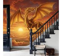Papel Pintado de Tela Seda, Dragón Dorado Mar De Nubes Fondo De Puesta De Sol Papel Pintado Decorativos del Hogar, Revestimiento Decorativo de Tela Seda para Sala de Estar Y Dormitorio 400 x 280cm
