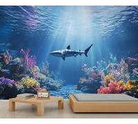 Papel pintado de tiburón, mural de pared con temática del océano, papel tapiz de dormitorio del mundo submarino, decoración de pared de animales del océano, 400 x 280 cm (no se despega)