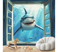 Papel pintado de tiburones del mundo submarino con vista a la ventana y animales marinos, papel pintado no tejido para sala de estar, dormitorio o habitación infantil, decoración de pared, 200 cm x 14