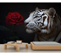 Papel pintado de tigre, mural de pared de rosa roja, papel pintado de dormitorio de tigre, decoración de pared temática de animales, 300 x 210 cm (no se pela y pega)