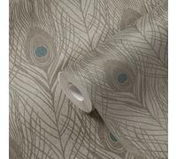 Papel Pintado De Vellón Marrón Con Plumas De Pavo Real - Marrón, Gris, Azul