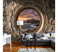 Papel Pintado de Vista Desde Ventana Castillo, 350x250cm Papel de Pared de Fondo Grande Atardecer Isla Murales Papel Tapiz Decoración De Pared para Salón Dormitorio Pasillo Comedor, Marrón Claro