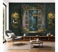 Papel Pintado de Vista Ventana Jungla Retro 300x210cm Papel de Pared de Fondo Grande Casa Árbol Selva Tropical Murales Papel Tapiz Decoración De Pared para Salón Dormitorio Comedor, Verde Bosque
