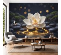 Papel Pintado de Zen Sanador 400x280cm Papel de Pared de Fondo Grande Magnolia Blanca Sobre El Agua Murales Papel Tapiz Decoración De Pared para Salón Dormitorio Pasillo Comedor, Negro Carbón