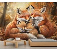 Papel pintado de zorros con diseño de niña de la familia de zorros, papel pintado de bosque otoñal, papel de pared con temática de naturaleza para sala de estar, dormitorio, mural, 450 x 300 cm