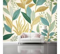 Papel pintado Decoración de la naturaleza con hojas de plantas Fotomurales Pared Tejido No Tejido Decorativos Murales Fotográfico Oro verde Moderno Decoración de Paredes 400 x 280 cm