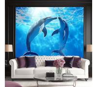 Papel Pintado Delfín Bajo El Aguados Delfines Jugando Bajo El Agua 3D Panorámico No Tejido - Fotomurales Decorativos Para Salón, Dormitorio Y Oficina - Diseño Moderno Pared Del Hogar