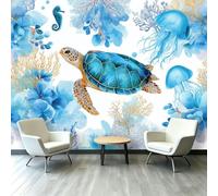 Papel pintado dibujado a mano con diseño de mundo submarino - Mural de pared 350 x 256 cm, impresión artística no tejida de vellón, para decoración de dormitorio, póster de tortugas marinas, medusas