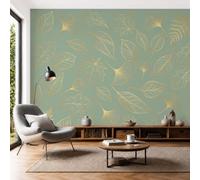 Papel Pintado Dibujo Lineal Lujo Plantas Salón Dormitorio 350x250cm - Fotomurales Pared Hojas Ginkgo Tejido Seda Decorativos Murales Fotográfico XXL Moderno Decoración de Paredes, Verde Salvia