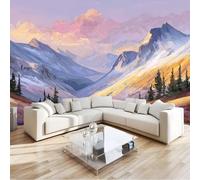 Papel Pintado Dibujos Animados Montañas Nevadas Bosques De Pinos 300 x 210 cm, Púrpura Tejido No Tejido con Efecto 3D, Ideal para Pasillo Oficina o Regalo de Inauguración Mural de Pared Calidad