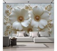 Papel Pintado Diseño Flores Blancas Con Pan Oro Relieve Floral Pared 300 × 210 Cm Fotomurales Pared Seda Decorativos Murales Fotográfico De Paredes Salón Dormitorio Habitación Blanco Marfil