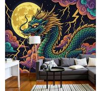 Papel Pintado Dragón Oriental Nubes Pared 3D Papel Tapiz - Luna Llena Trueno Murales Tapiz Fotomural para Sala Cuarto Oficina Salón Tv Fondo Pared Dormitorio Decoración, Verde Morado Azul
