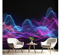 Papel Pintado Efecto 3D, Azul Oscuro Papel Pintado Fotografía Mural Con Ondas Neón, 250X175 Cmminimalismo Moderno Murales Decoración Para Salón Dormitorio Oficina