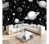 Papel Pintado Efecto 3D Dibujos Animados Universo Planetas Salón Dormitorio - Negro Fotomurales Pared Tejido No Tejido Decorativos Murales Fotográfico Moderno Decoración de Paredes 200 x 140 cm