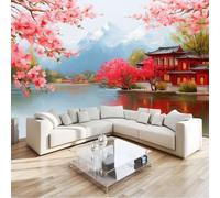 Papel Pintado Efecto 3D Estilo Chino Lagos Arquitectura Flores Salón Dormitorio - Rosa Fotomurales Pared Tejido No Tejido Decorativos Murales Fotográfico Moderno Decoración de Paredes 250 x 175 cm
