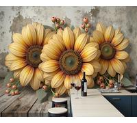 Papel Pintado Efecto 3D Girasol Veta De Madera, Papel Pintado Fotografía Mural Con Estilo Rústico, 300x210cm Murales Decoración Para Salón Dormitorio Oficina