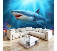 Papel Pintado Efecto 3D Hermosos Animales Marinos Tiburones Corales Salón Dormitorio - Azul Marino Fotomurales Pared Tejido No Tejido Murales Fotográfico Moderno Decoración de Paredes 250 x 175 cm